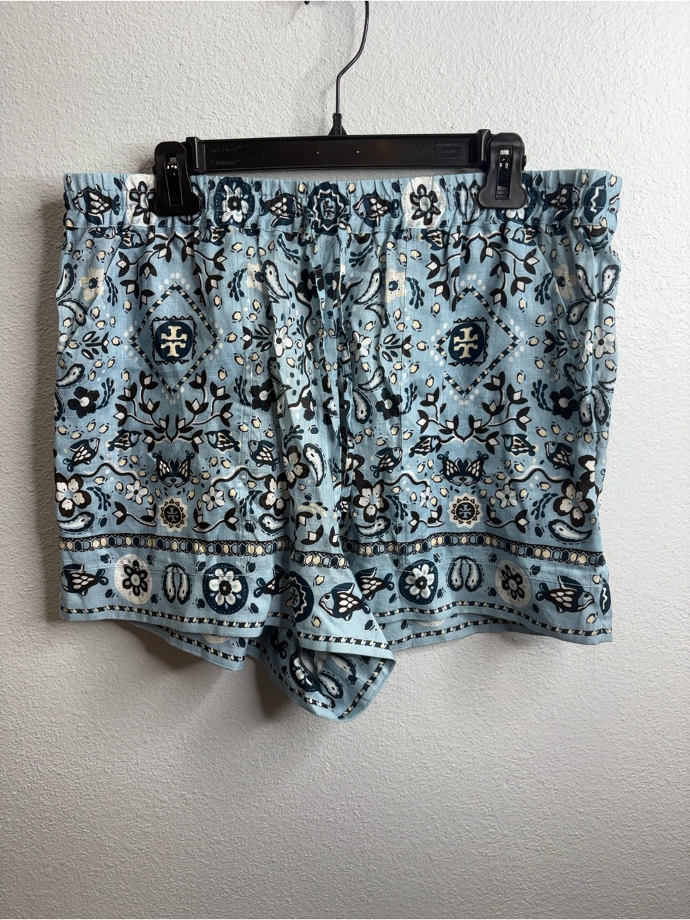 Tory Burch Printed Linen Camp Shorts In Slate Blue Pisces Dream XL NWT